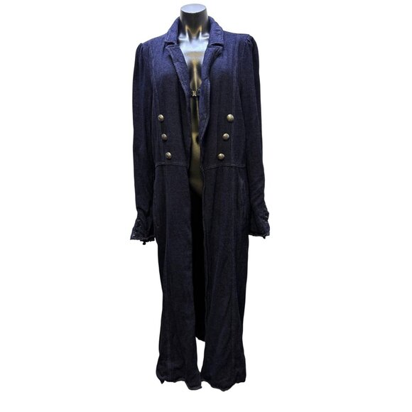 Free People Navy Long Double-Breasted Coat With Gold Buttons Size L - Picture 1 of 10